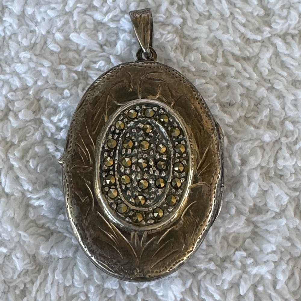 Vintage Signed NF 925 Marcasite Flora Locket Pendant Oval 12.58G Sterling Silver